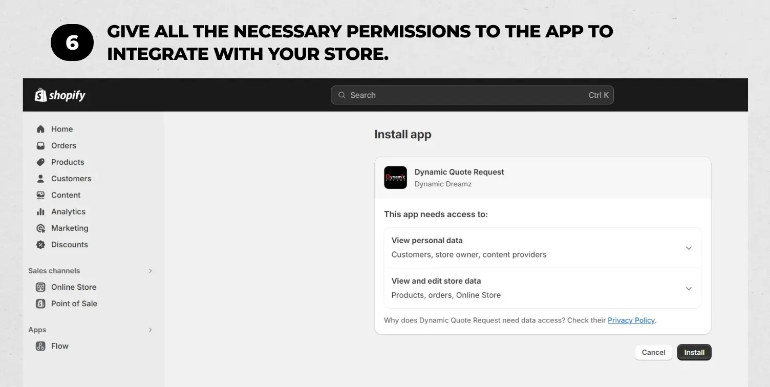 Step 6: Give all the necessary permissions to the app to integrate with your store.