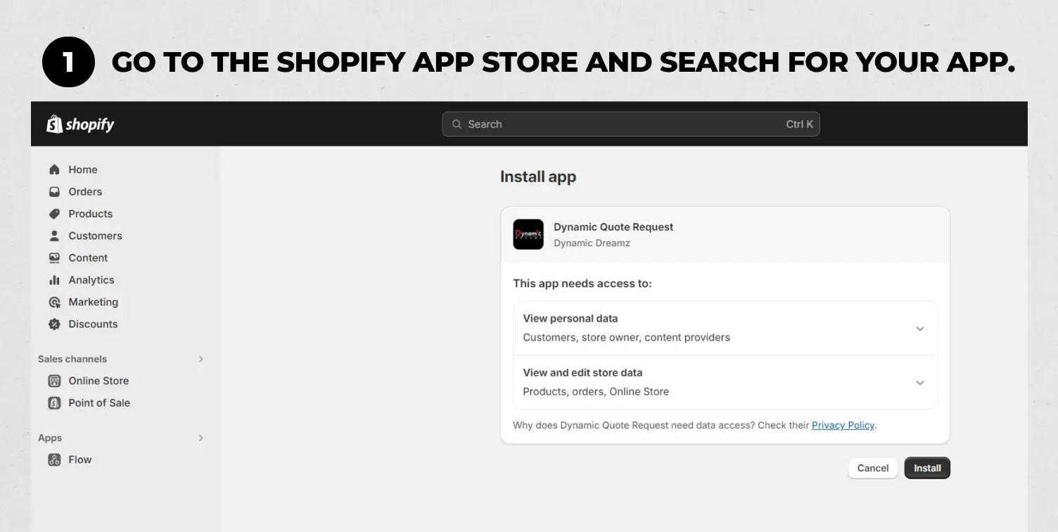 Step 1: Go to the Shopify app store and search for your app.