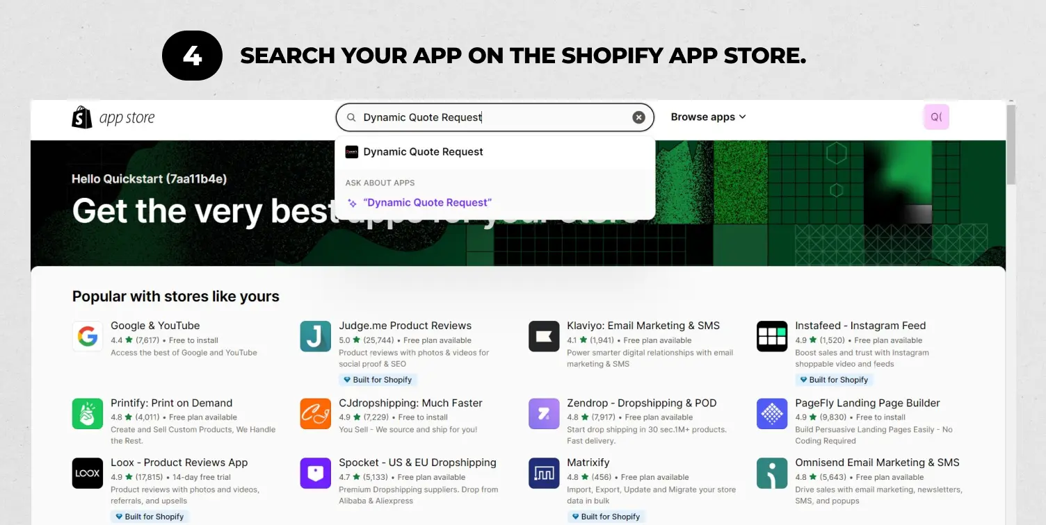 Step 4: Search your app on the Shopify App Store.
