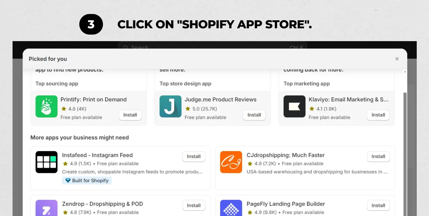 Step 3: Click on Shopify App Store.